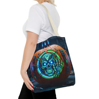 Cyber Pumpkin Skull Tote Bag | Neon Sci-Fi Halloween Tote 56