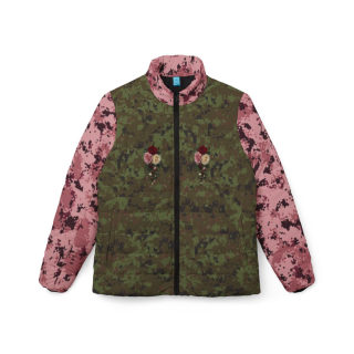 Green & Pink Camo Puffer Jacket with Rose Bouquet Print