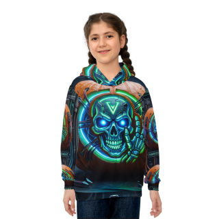 Neon Cyberpunk Pumpkin Skull Kids Hoodie 4