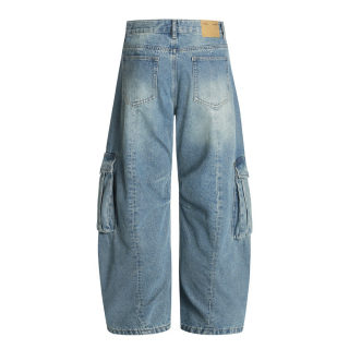 American-Style Washed Multi-Pocket Work Jeans, Wide Leg 2