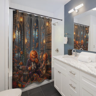 Pumpkin-Head Trick or Treaters Shower Curtain | Halloween Spooky Chapel