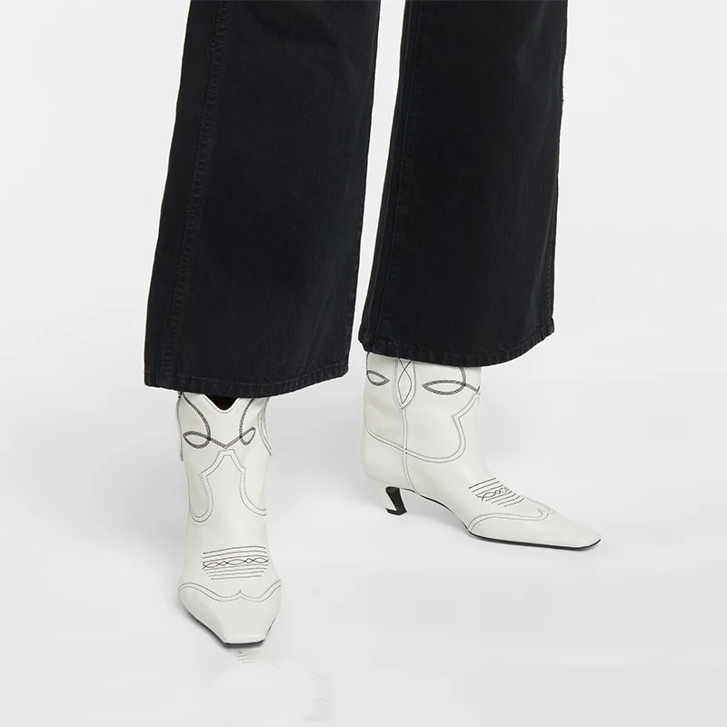 Women's Pointed Toe Cowboy Boots | Low Heel Leather Cowgirl Ankle Boots 4