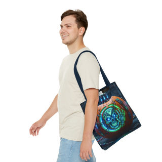 Cyber Pumpkin Skull Tote Bag | Neon Sci-Fi Halloween Tote 44
