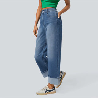 Spring High-Waist Cuffed Straight-Leg Wide Pants 2
