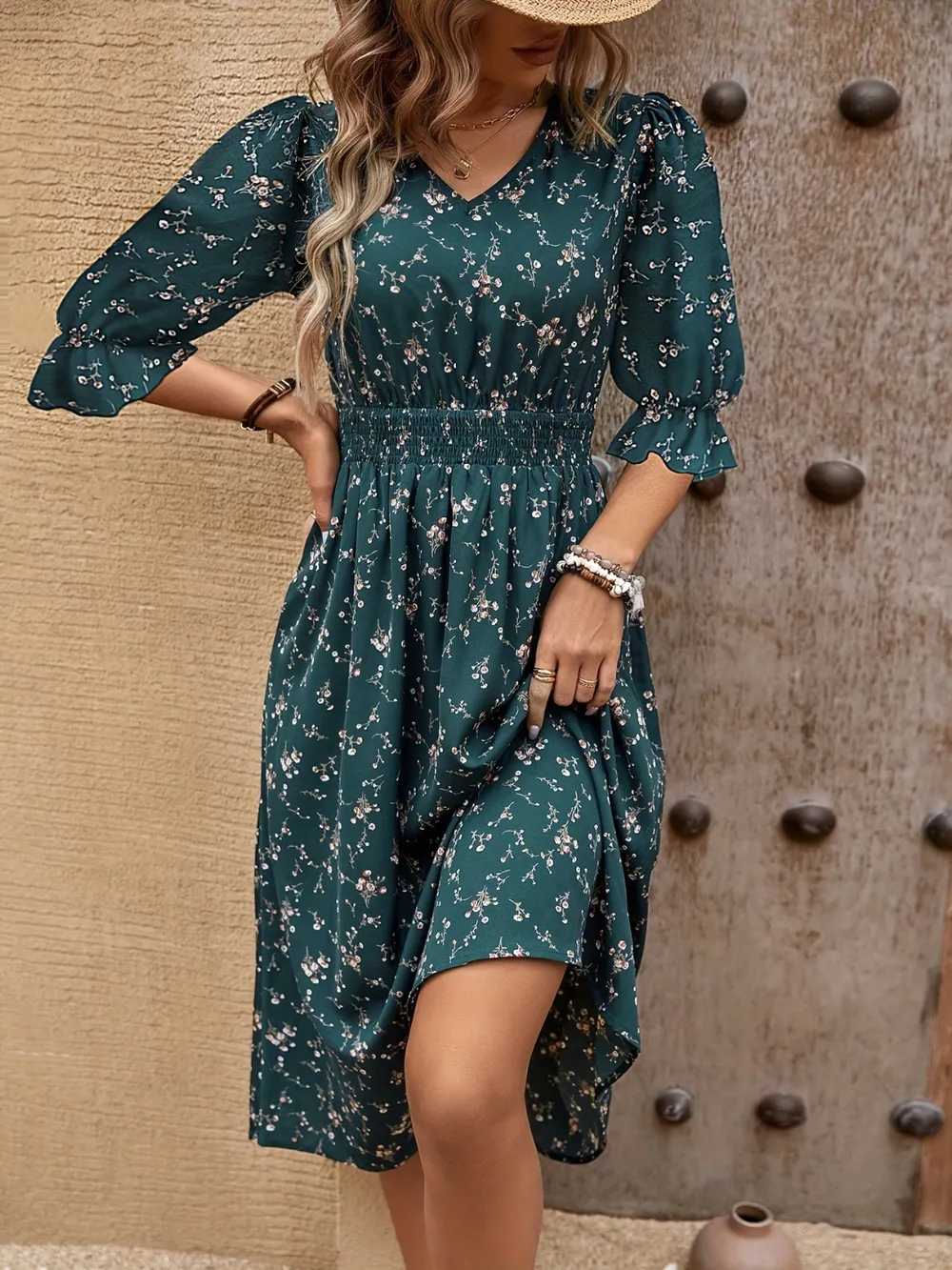 Smocked Waist Floral Flounce Sleeve Midi Dress 5