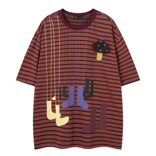 Retro Striped Cartoon Letter Print T-Shirt