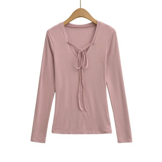 Deep V-Neck Tied Long Sleeve T-Shirt 3