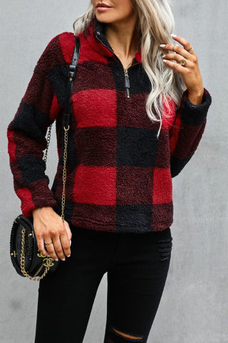 Fiery Red Plaid Zip Collar Plush Sweatshirt