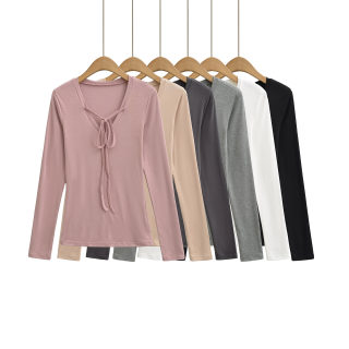 Deep V-Neck Tied Long Sleeve T-Shirt