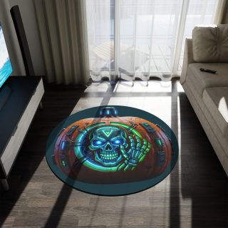 Cyberpunk Pumpkin Skull Round Rug | Halloween Neon Skull Floor Mat