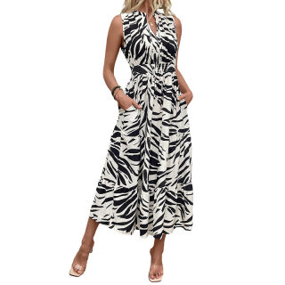 Elastic Waist Sleeveless Zebra Print Dress | V-Neck Midi Dress 5
