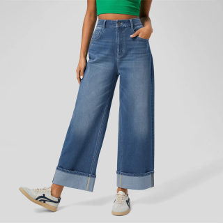 Spring High-Waist Cuffed Straight-Leg Wide Pants