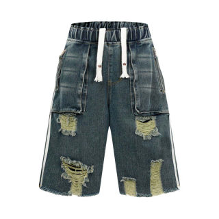 Unisex Retro Washed Striped Distressed Denim Shorts 3