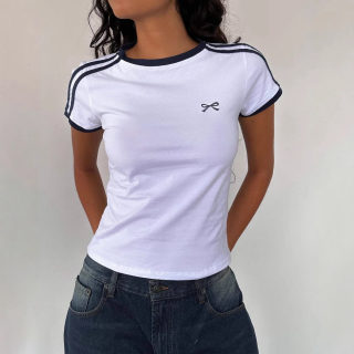 Contrast Bow Embroidery Patchwork T-Shirt for Women