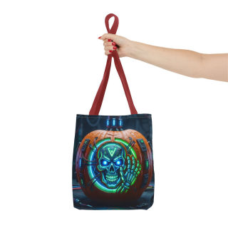Cyber Pumpkin Skull Tote Bag | Neon Sci-Fi Halloween Tote 49