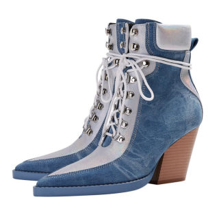 Denim Lace-Up Chelsea Boots | Pointed Toe Platform Riveted