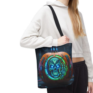 Cyber Pumpkin Skull Tote Bag | Neon Sci-Fi Halloween Tote 91