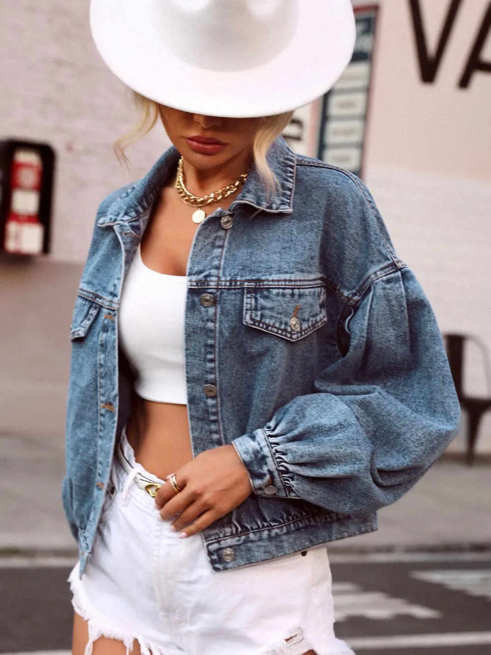 Collared Dropped Shoulder Denim Top | Lapel Button-Up