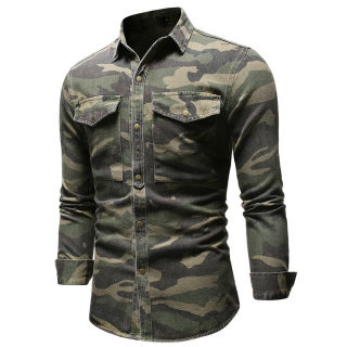 Camouflage Denim Shirt for Men | Army Green Long Sleeve Loose Jean Shirt 2