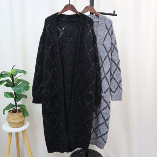 Long Over-Knee Pocket Knit Cardigan for Women | Lazy Style Diamond Pattern 2