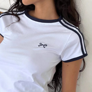 Contrast Bow Embroidery Patchwork T-Shirt for Women 2