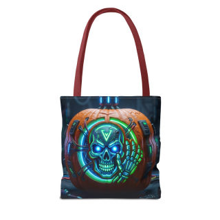 Cyber Pumpkin Skull Tote Bag | Neon Sci-Fi Halloween Tote 19