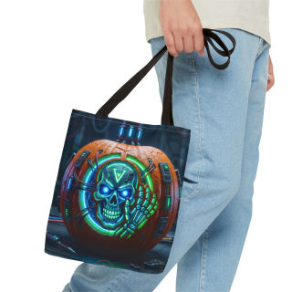 Cyber Pumpkin Skull Tote Bag | Neon Sci-Fi Halloween Tote 46