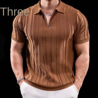 Striped Half-Zip Knit Polo Shirt for Men | Short Sleeve Flip Collar 3
