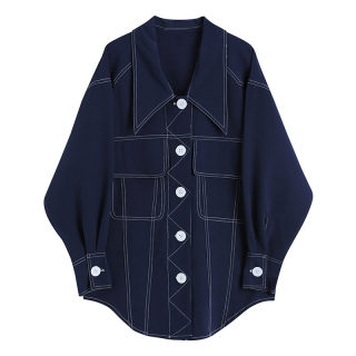 Women's White Line Big Pocket Denim Blouse | Lapel Long Sleeve Loose Shirt 6