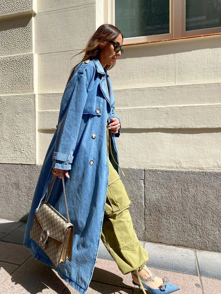 Long Denim Trench Coat for Women | Belted Waist Slim Jean Jacket 6