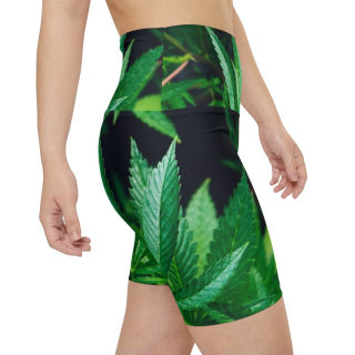 Green Cannabis Leaf Pattern Women's Workout Shorts | All-Over Print 6