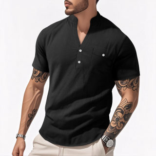 Men's Casual Cotton-Linen Short Sleeve Shirt | Stand Collar Henley 4