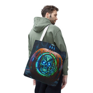 Cyber Pumpkin Skull Tote Bag | Neon Sci-Fi Halloween Tote 84