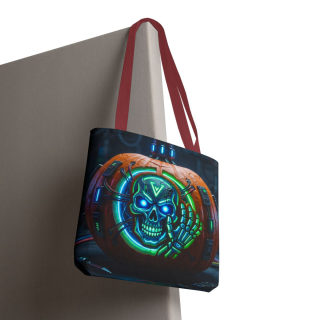 Cyber Pumpkin Skull Tote Bag | Neon Sci-Fi Halloween Tote 79