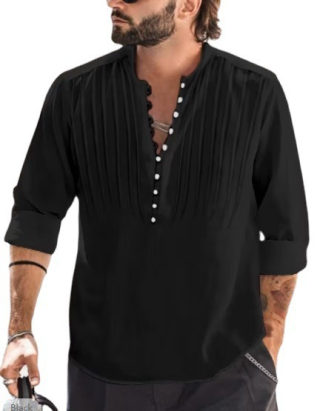 Men's Cotton-Linen Casual Shirt with Stand Collar 2