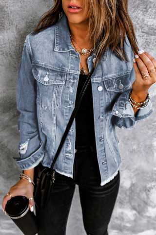 Sky Blue Lapel Collar Distressed Denim Jacket, Raw Hem