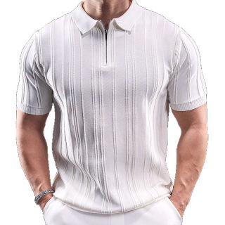 Striped Half-Zip Knit Polo Shirt for Men | Short Sleeve Flip Collar 5