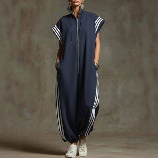 Striped Zipper Stand Collar Jumpsuit | Spring Summer Overalls 4