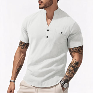 Men's Casual Cotton-Linen Short Sleeve Shirt | Stand Collar Henley 5