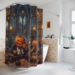 Pumpkin-Head Trick or Treaters Shower Curtain | Halloween Spooky Chapel 4
