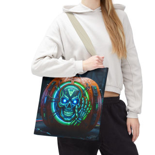 Cyber Pumpkin Skull Tote Bag | Neon Sci-Fi Halloween Tote 100