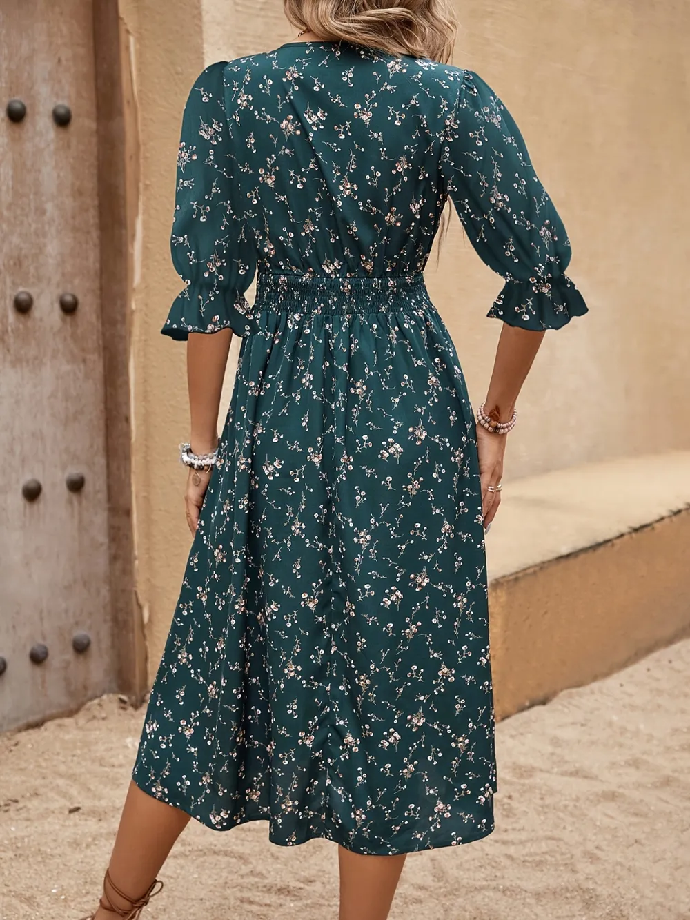 Smocked Waist Floral Flounce Sleeve Midi Dress 6