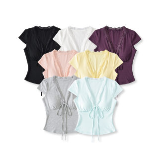 Lace V-Neck Short Sleeve Top with Padded Cups 5
