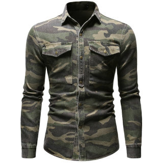 Camouflage Denim Shirt for Men | Army Green Long Sleeve Loose Jean Shirt 6