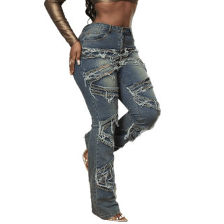 Striped Washed Fringe Denim Pants | Women's Straight Leg 4