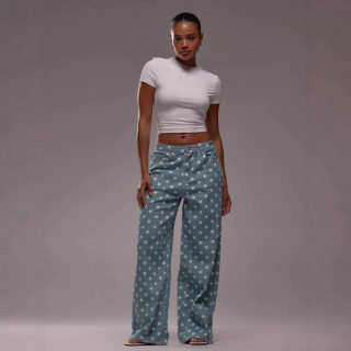 Polka Dot Loose Fit Mid-Waist Denim Pants 2