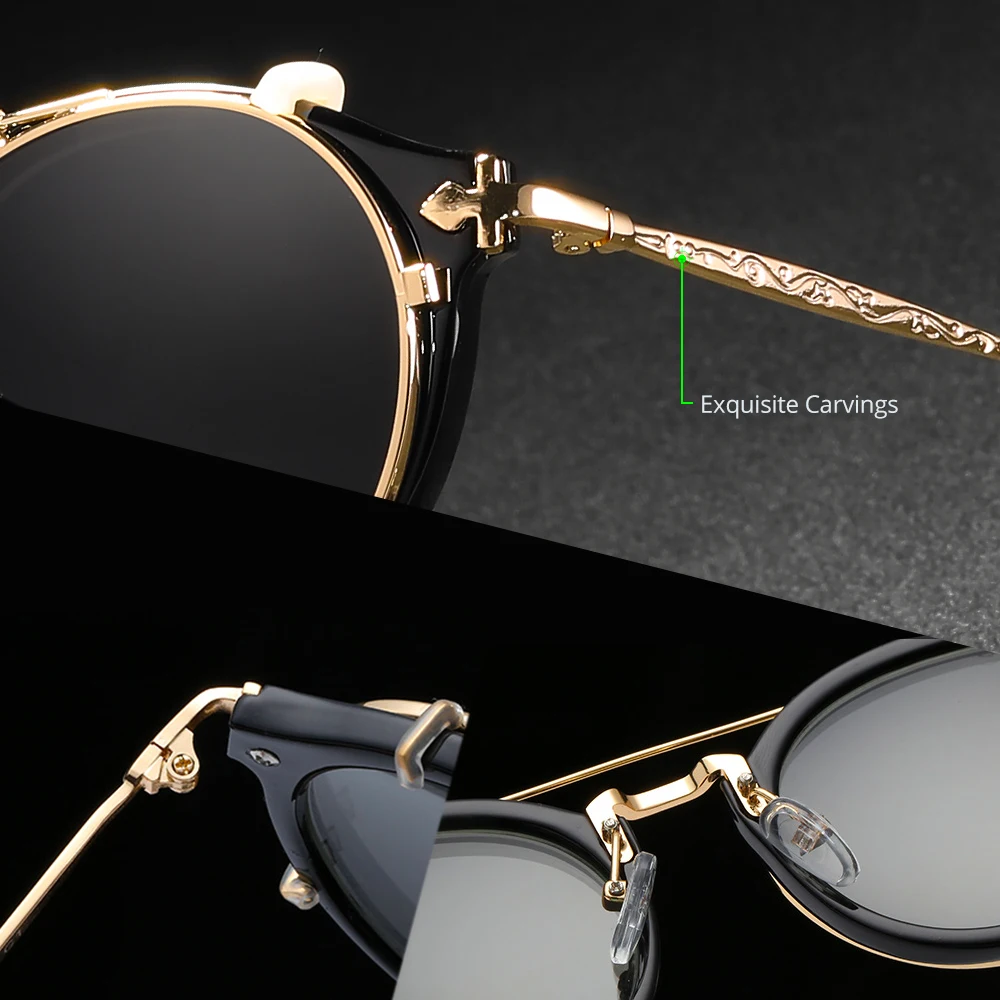 Retro Steampunk Round Clip-On Sunglasses, with Case 2