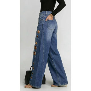 Women's Metal Eyelet Wide-Leg High-Waisted Jeans 4