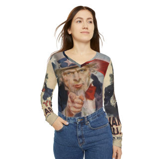 Uncle Sam Pointing Vintage Recruit Poster Long Sleeve V-neck Shirt 7