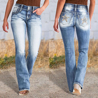 Embroidered Denim Pants, Straight Leg, Stretch